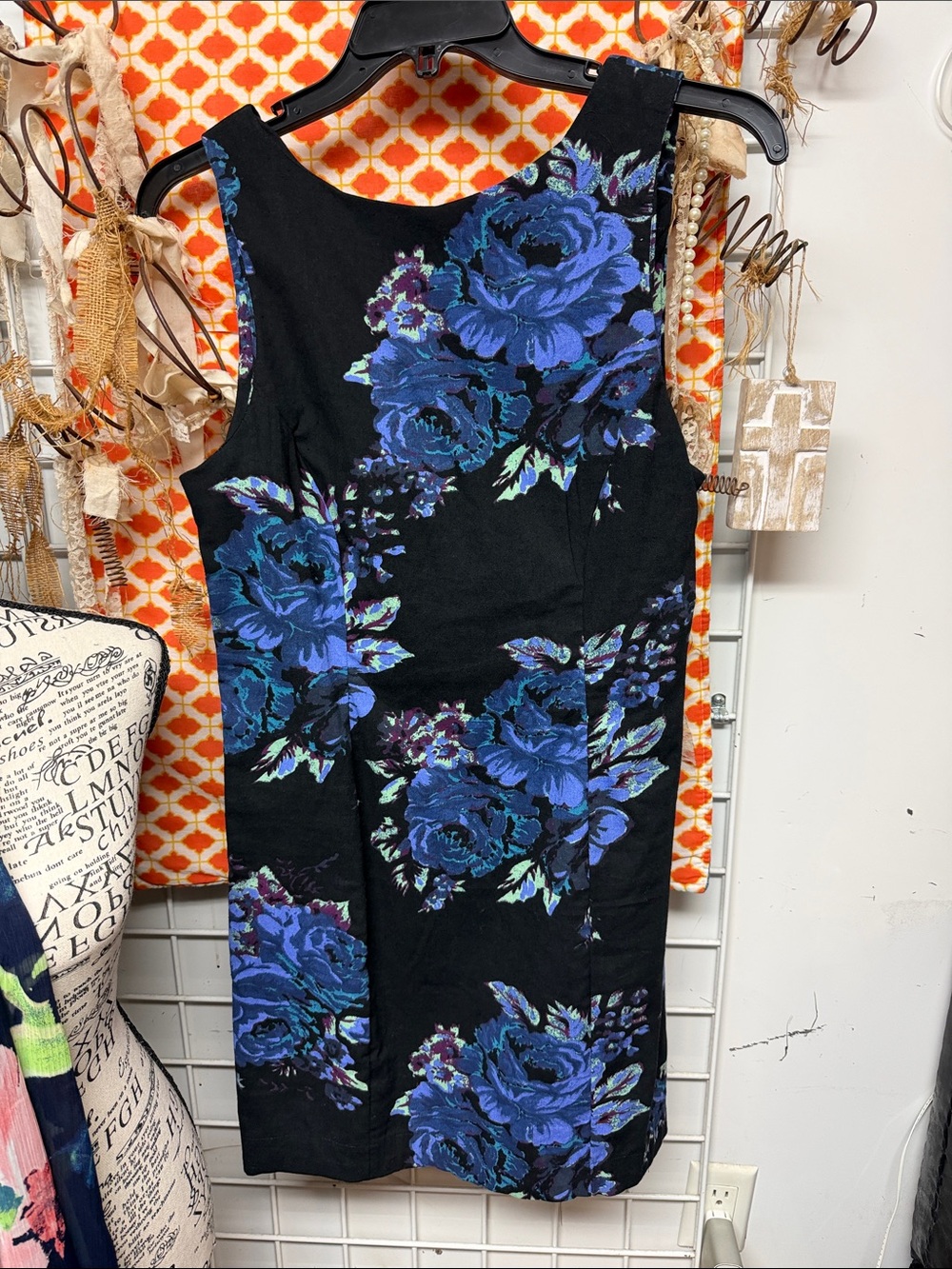 Free People Black Midi Dress with Blue Floral Print